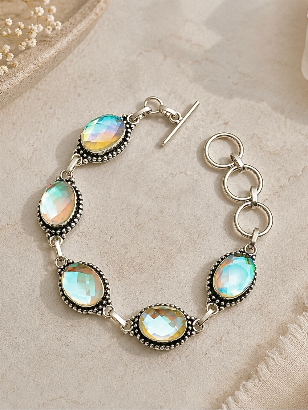 Faceted Rainbow Fire Topaz 925 Silver Adjustable Bracelet